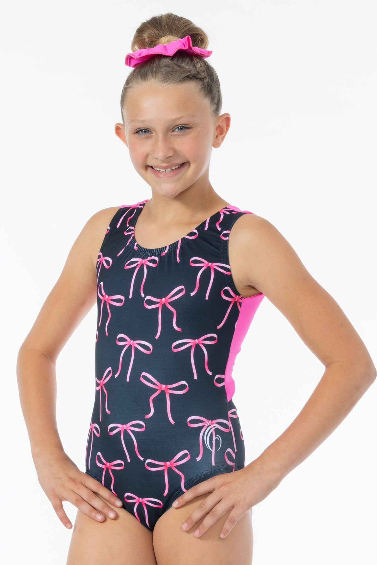 Bow themed gymnastics leotard. Made in the USA. Bow print gymnastics outfit.
