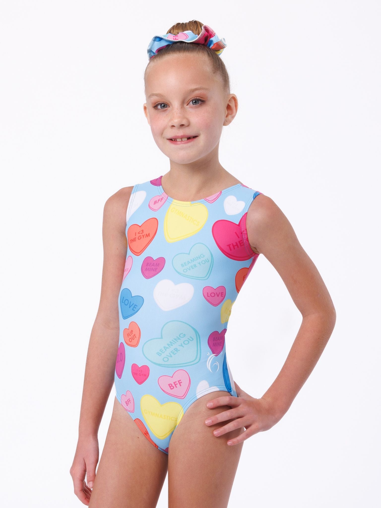 Valentines Day Gymnastics. Candy Hearts  leotard with mesh back Gymnastics apparel for valentines day. 