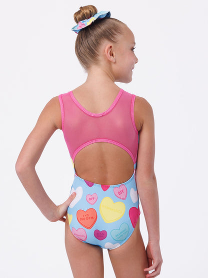 Valentines Day Gymnastics. Candy Hearts  leotard with mesh back Gymnastics apparel for valentines day. 