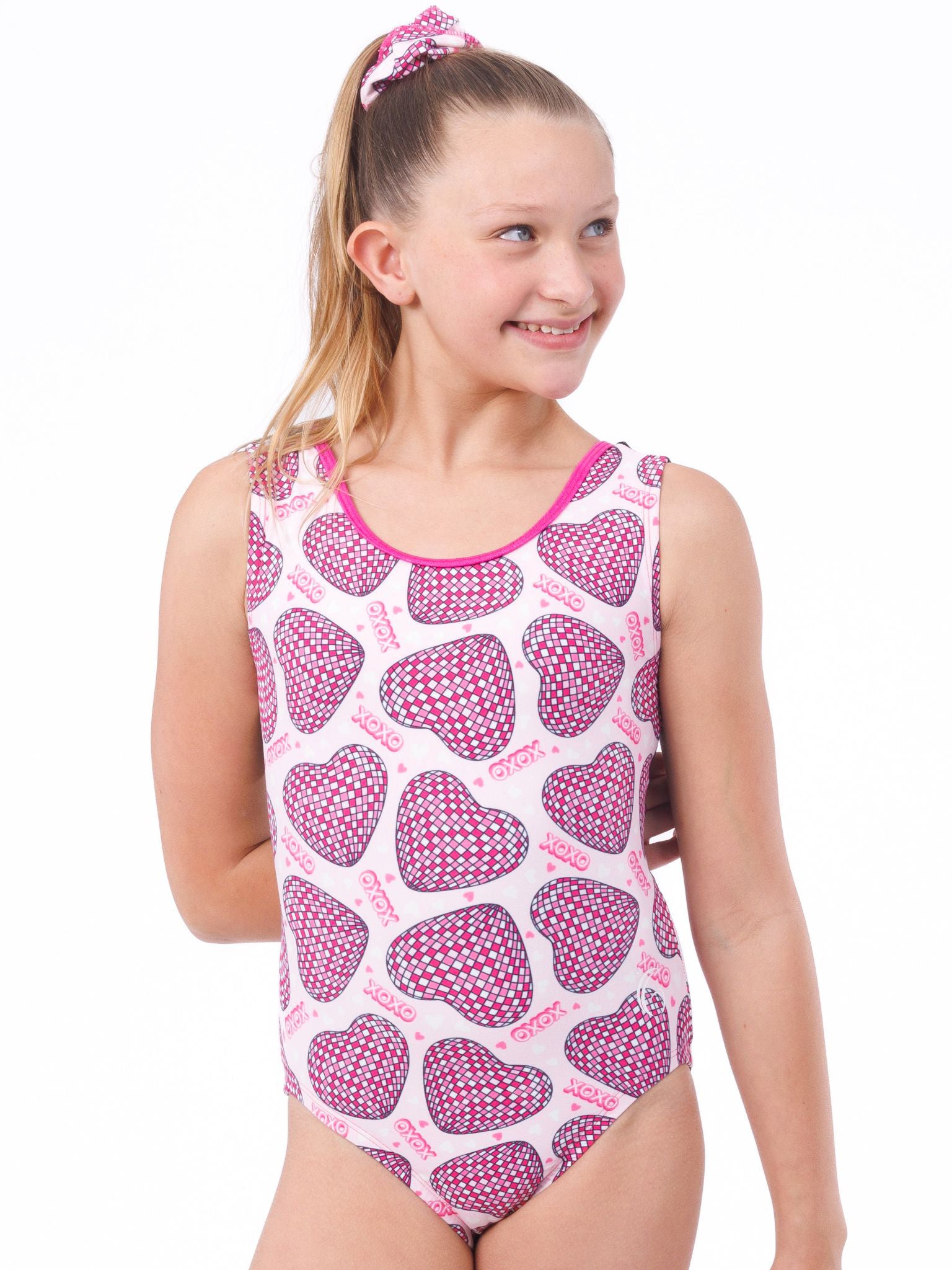 Disco theme Valentine's day gymnastics outfit. Fun open back design gymnastics apparel.  