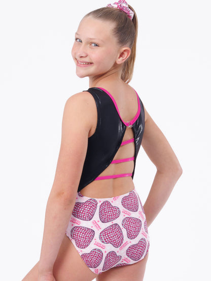 Disco theme Valentine's day gymnastics outfit. Fun open back design gymnastics apparel.  