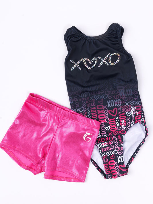 Valentines Day Gymnastics bundle Leotard XOXO Racerback with bling and pink shorts.  Gymnastics apparel for valentines day.  