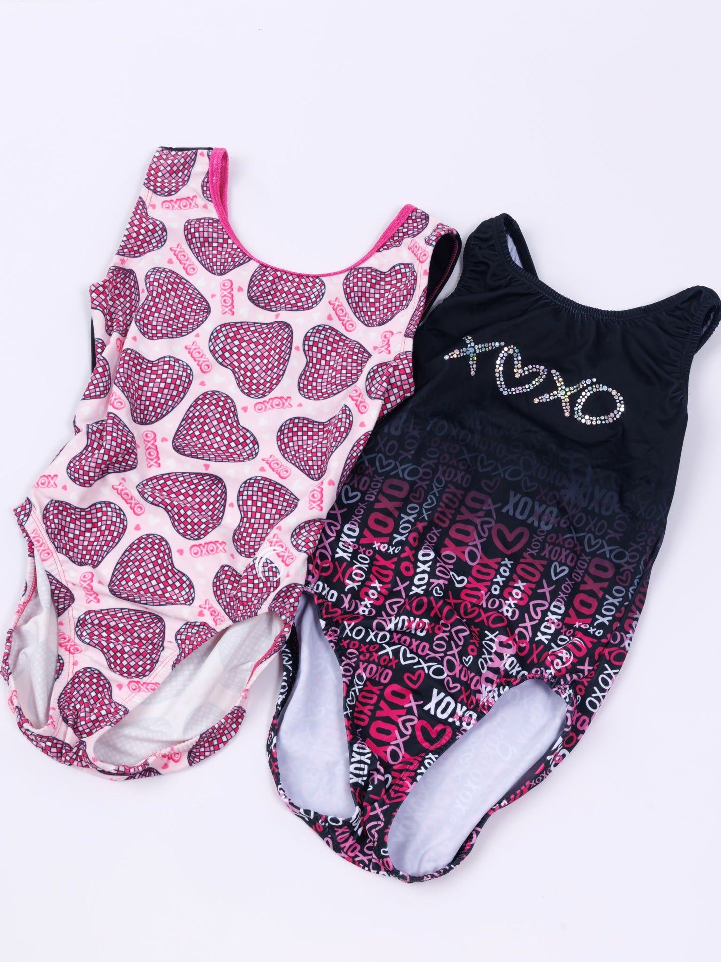 Valentines Day Gymnastics bundle Leotard XOXO Racerback with bling and Disco Love theme gymnastics leotard bundle.  Gymnastics apparel for valentines day.  