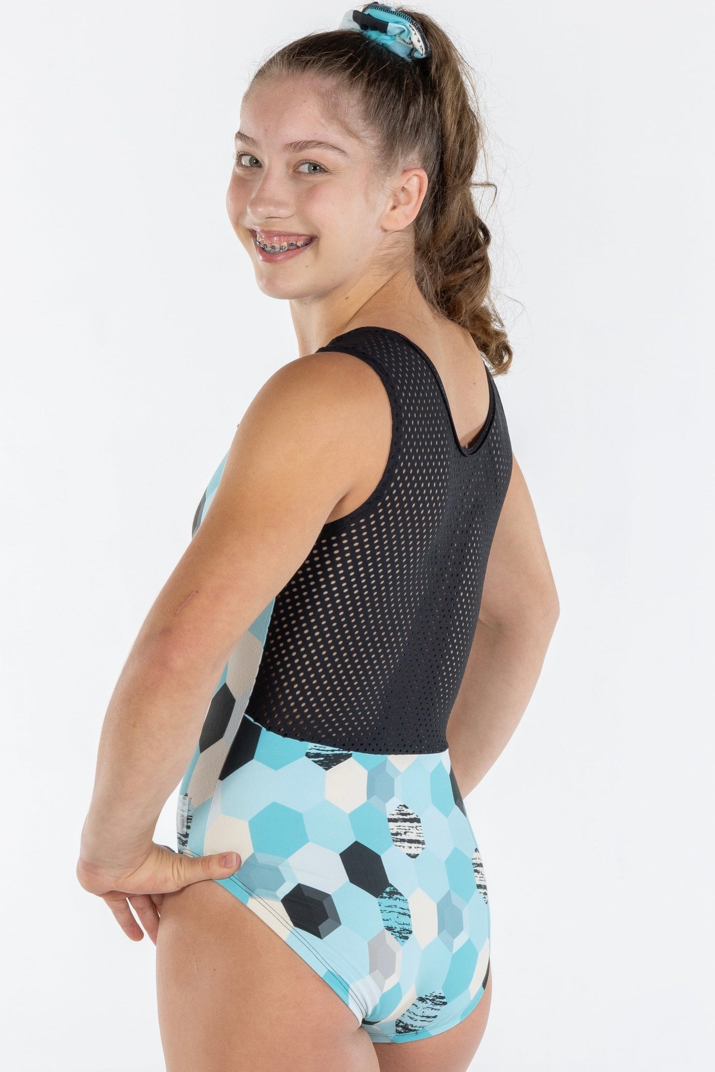 Geo Mesh Back Softy Leotard Turquoise