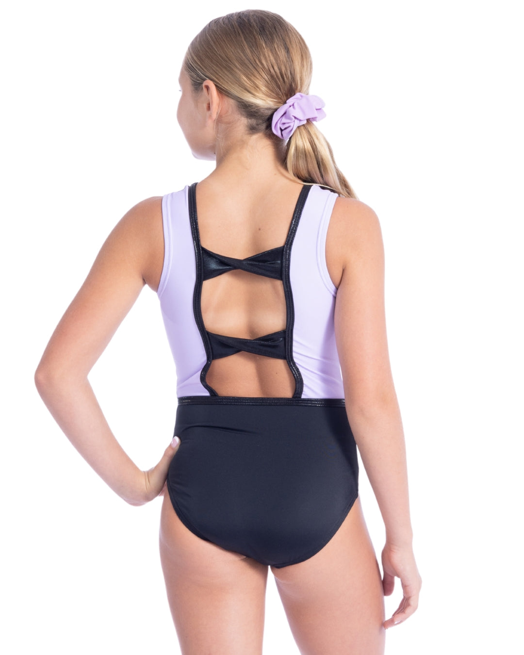 Beyond Brilliant Twist Open Back Leotard Lavendar